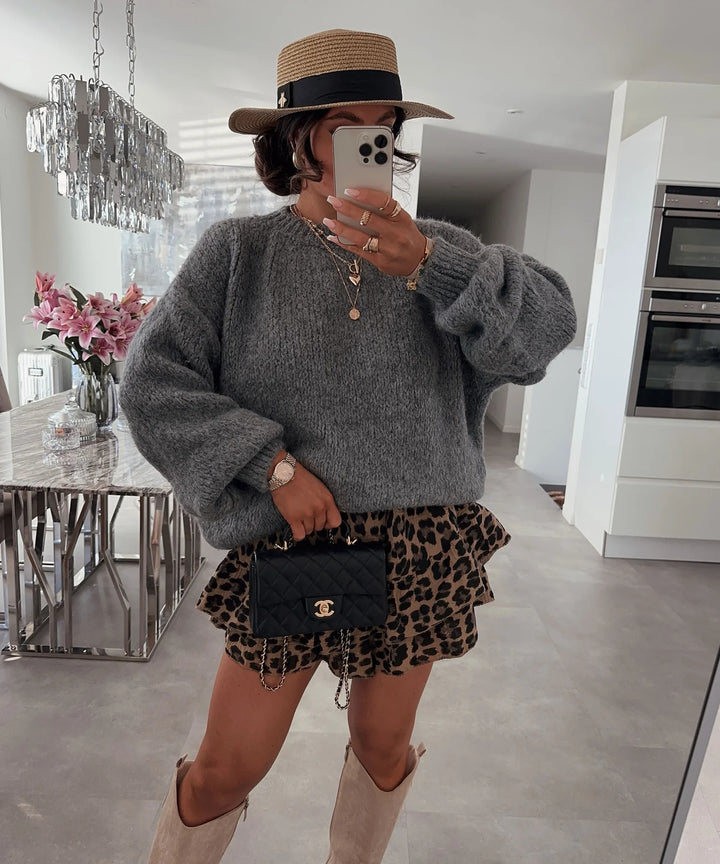 Damen Strickpullover mit voluminösen Ärmeln und feiner Struktur Drune