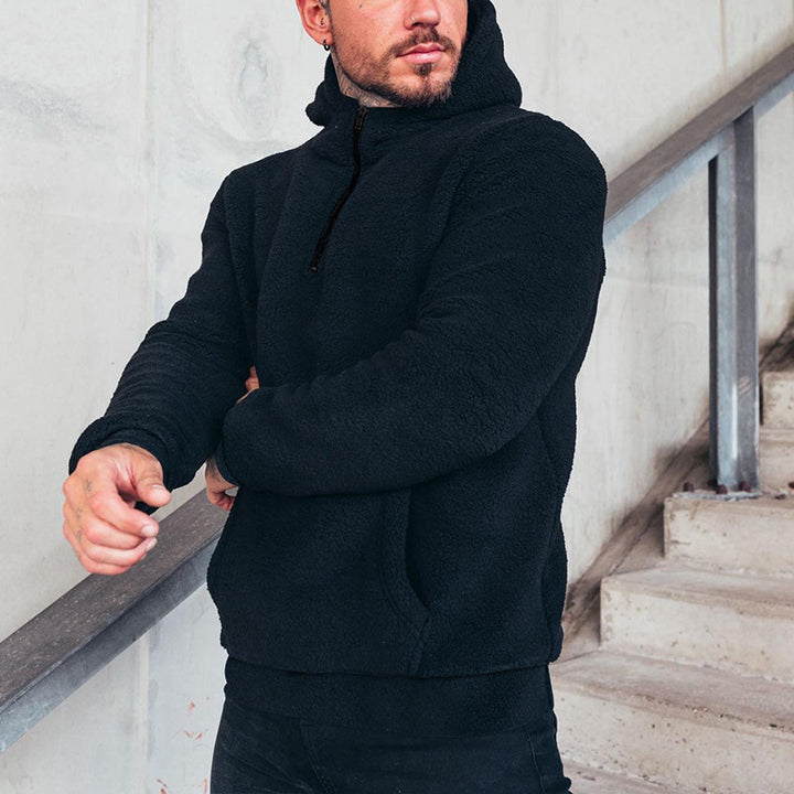 Herren kuscheliger Sherpa-Hoodie mit Kängurutasche und hohem Kragen Drune
