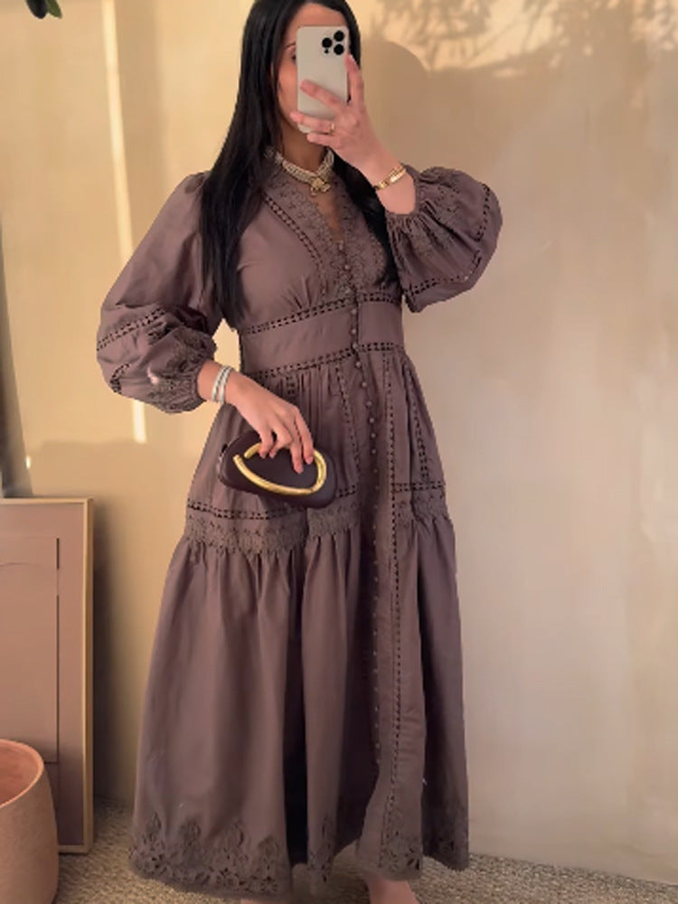Damen Maxikleid im Boho‑Stil mit Spitzeneinsätzen, Knopfleiste und Ballonärmeln Drune