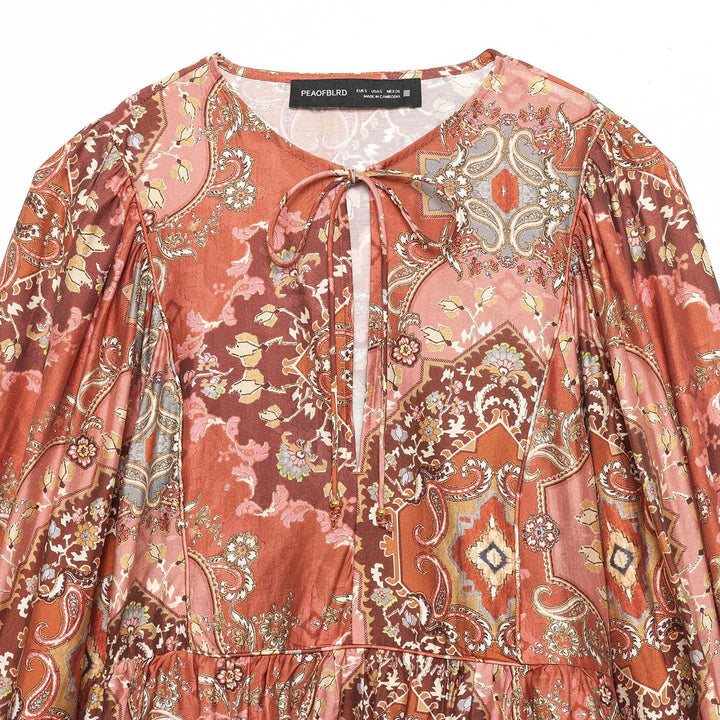 Damen nan Boho-Bluse mit Paisley-Print, Bindeband-Ausschnitt, geraffter Taille und voluminösen Ballonärmeln Drune