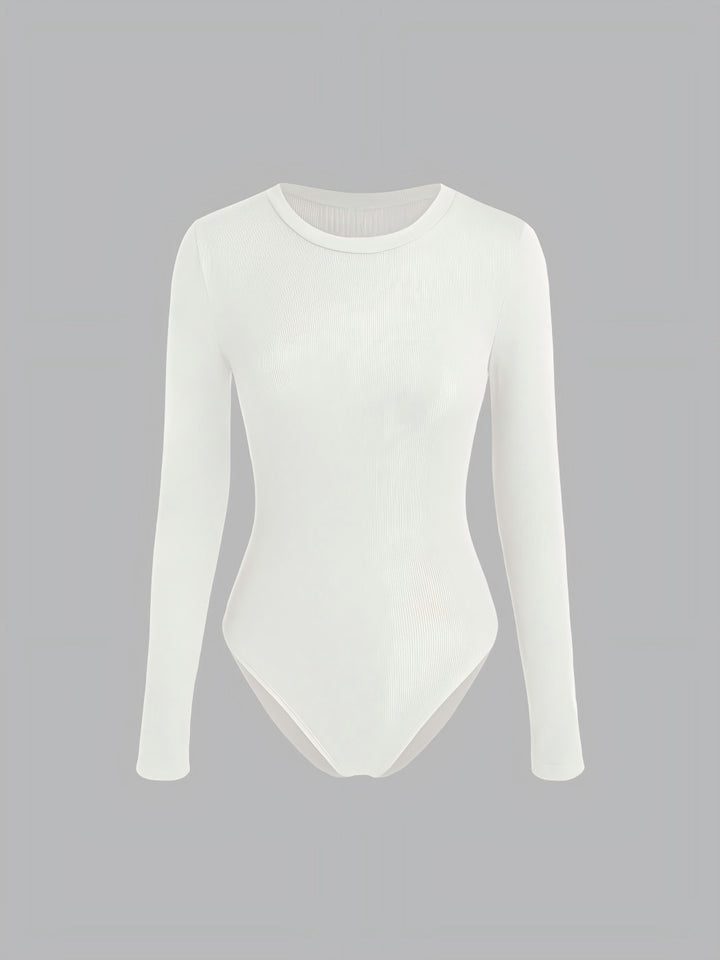 Damen Figurnahes geripptes Langarm-Basicshirt mit Rundhalsausschnitt und Stretch Drune