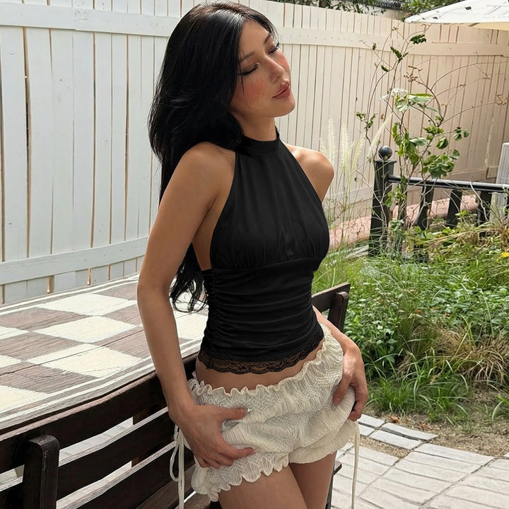 Damen Haltertop mit Raffungen Drune