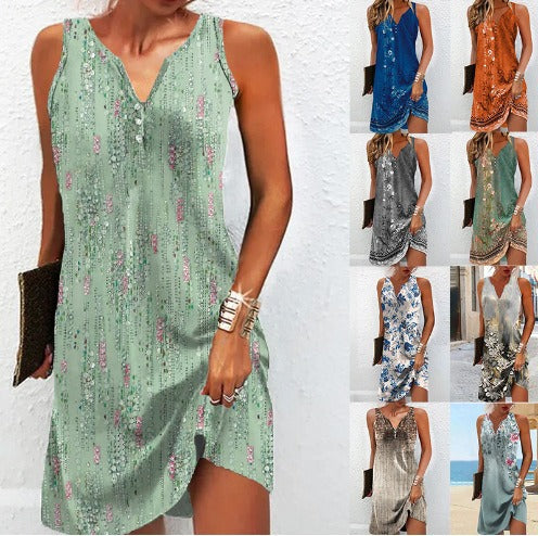 Damen, lässiges Sommerkleid mit V-Ausschnitt und asymmetrischem Saum Drune