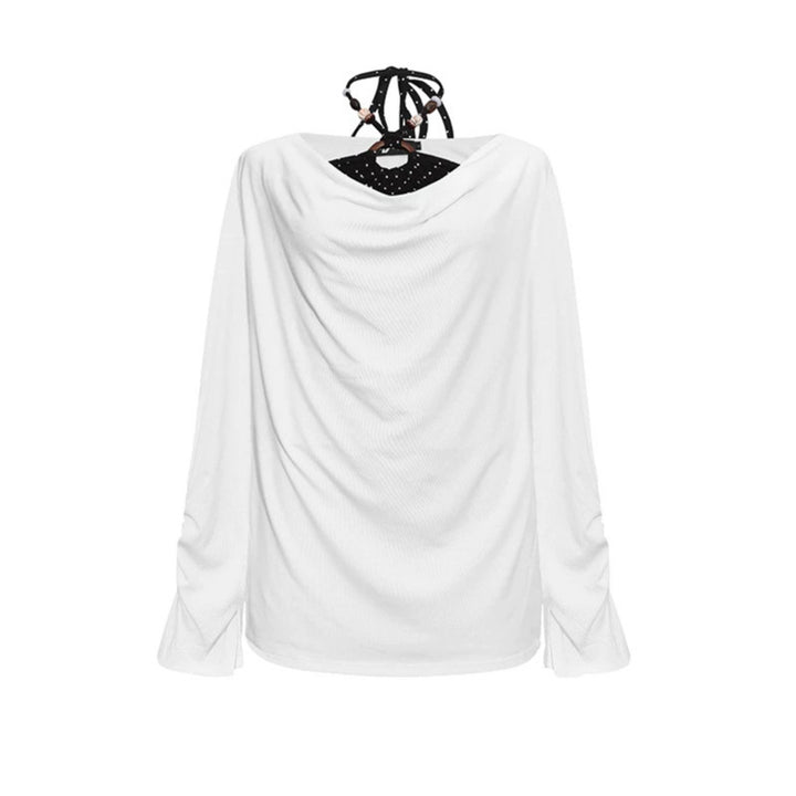 Damen Langes drapiertes Langarmshirt mit Wasserfallkragen und Raffung an den Ärmeln Drune