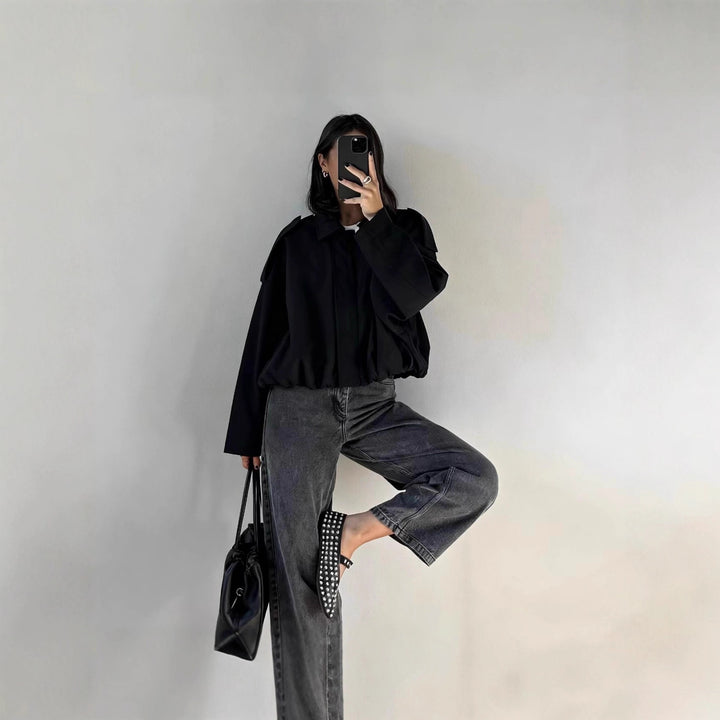Damen Kurzjacke im Oversize‑Schnitt mit Ballon Saum und Schulterklappen Drune