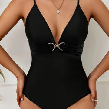 Damen Einteiler Badeanzug mit elegantem V-Ausschnitt und modischem Raffungselement Drune