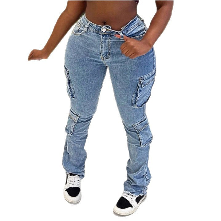Damen Hochgeschnittene Cargo-Jeans mit mehreren Pattentaschen und ausgefranstem Saum Drune