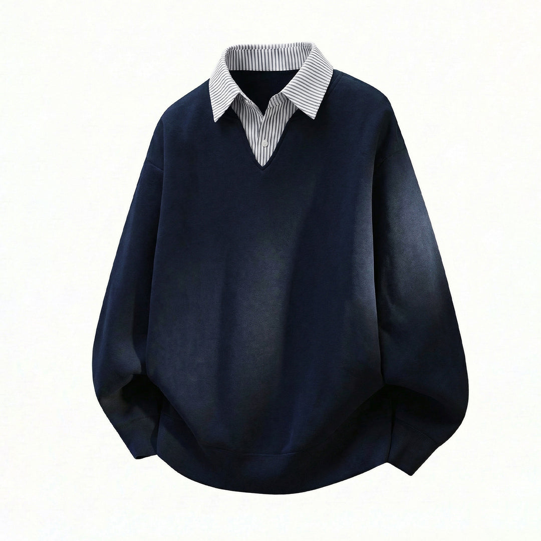 Unisex Oversize-Pullover im Lagenlook mit eingearbeitetem Hemdkragen und V-Ausschnitt Drune