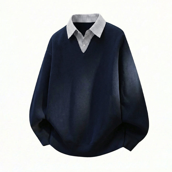 Unisex Oversize-Pullover im Lagenlook mit eingearbeitetem Hemdkragen und V-Ausschnitt Drune