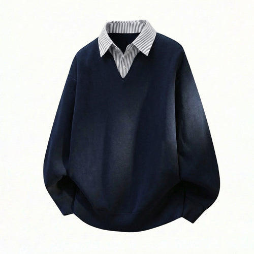 Unisex Oversize-Pullover im Lagenlook mit eingearbeitetem Hemdkragen und V-Ausschnitt Drune