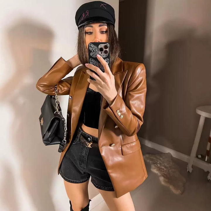 Damen Doppelreihige Kunstlederblazer Drune