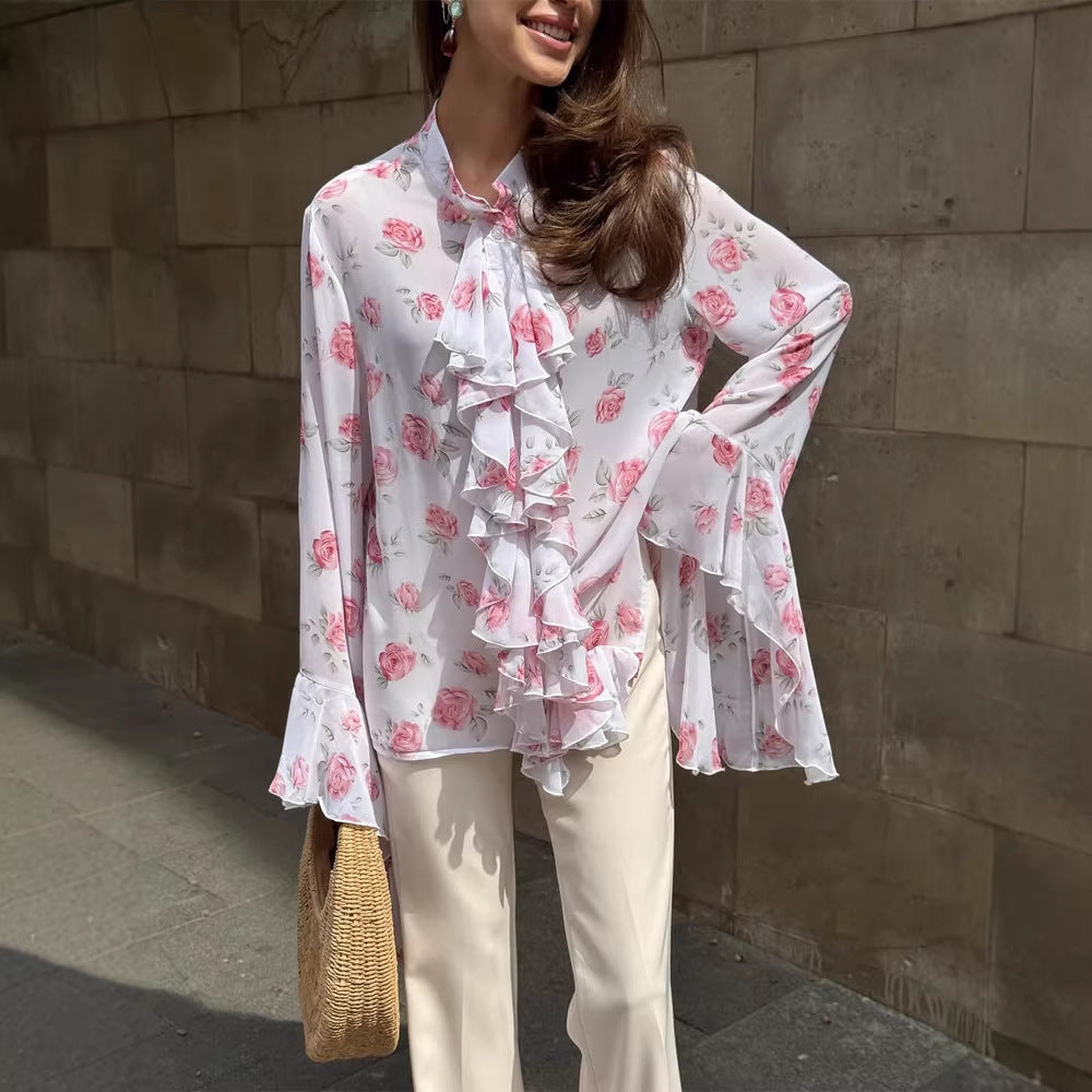 Damen Chiffon-Bluse mit Rosendruck, Volantstufen und Glockenärmeln Drune