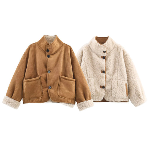 Damen nan kurze Oversize Lammfelloptik Jacke mit Schalkragen und großen aufgesetzten Taschen Drune