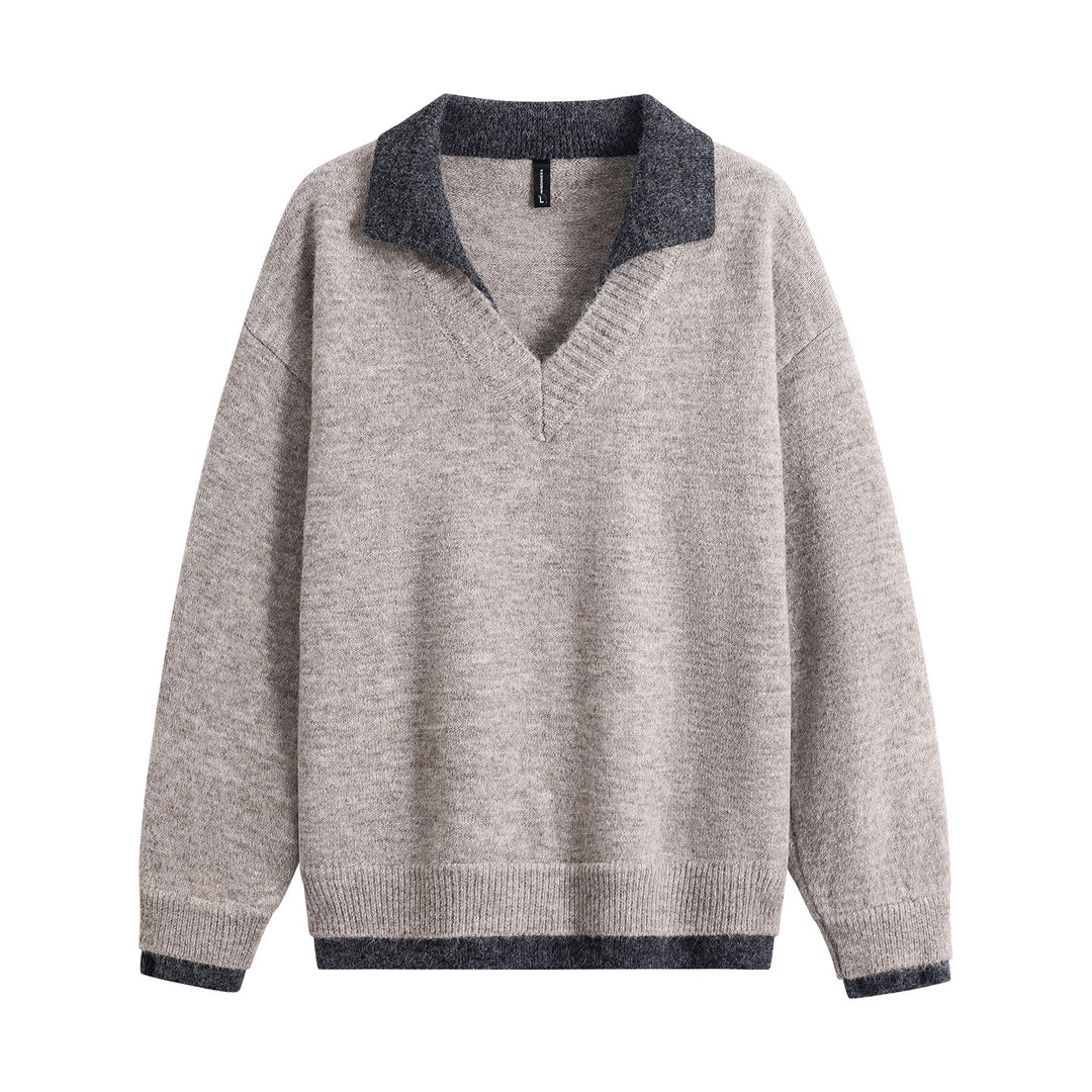 Herren Oversize-Pullover mit kontrastierendem Kragen, V‑Ausschnitt und weichem Fleeceinnenfutter Drune