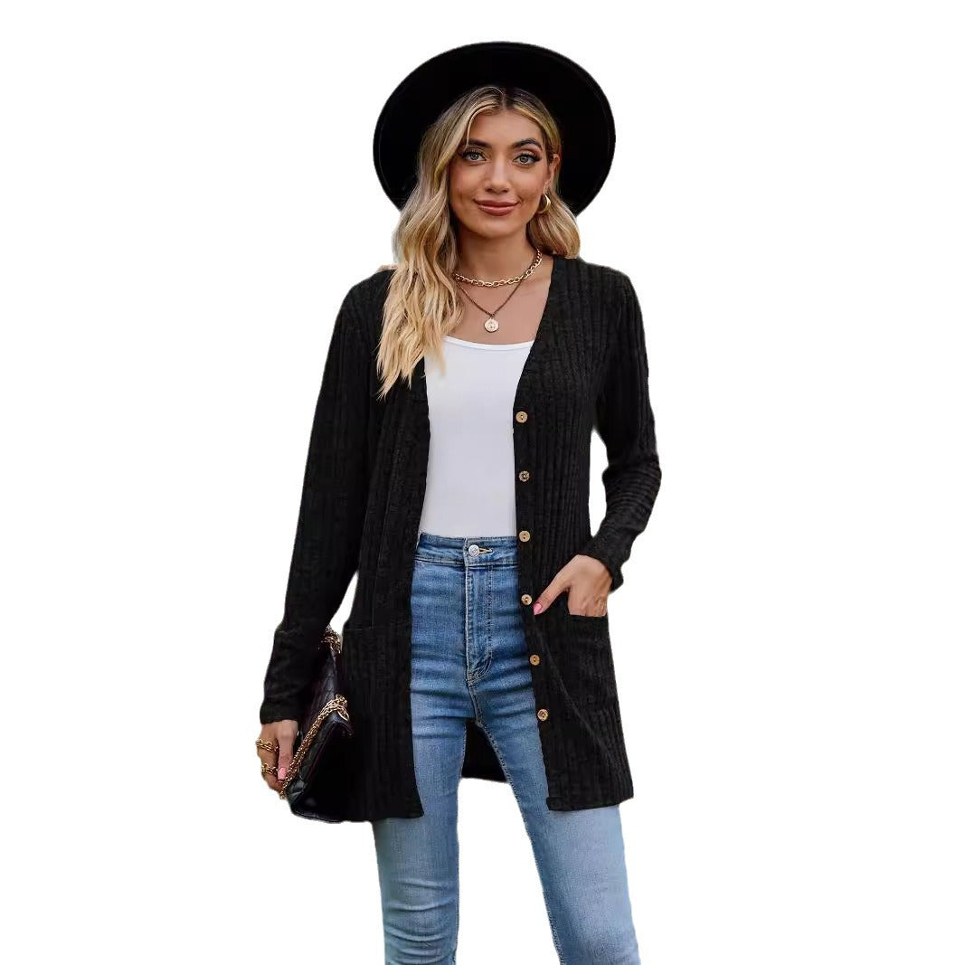 Damen nan langer gerippter Strickcardigan mit Eingrifftaschen und Holzknöpfen Drune
