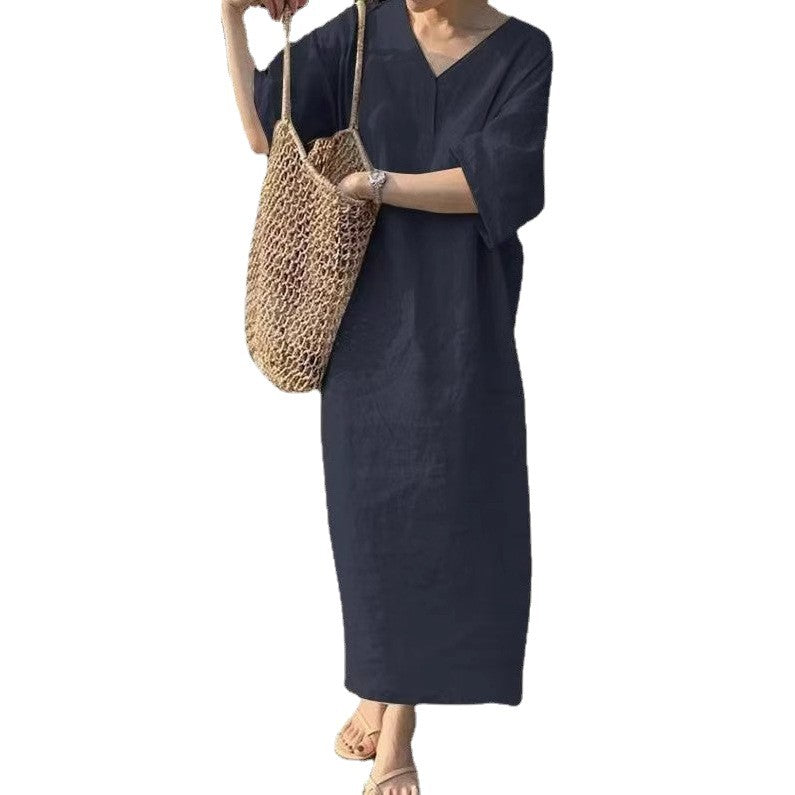 Damen Lässiges Leinen-Maxikleid mit V-Ausschnitt und Oversize-Relax-Fit Drune