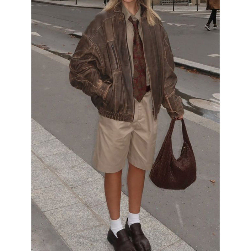Damen Lässige Lederjacke im Vintage-Stil mit elastischem Bund Drune