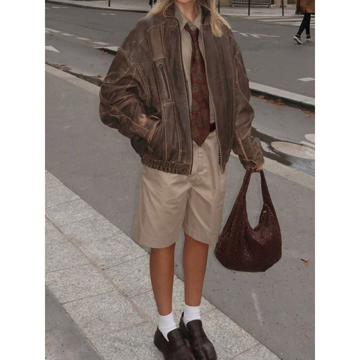 Damen Lässige Lederjacke im Vintage-Stil mit elastischem Bund Drune