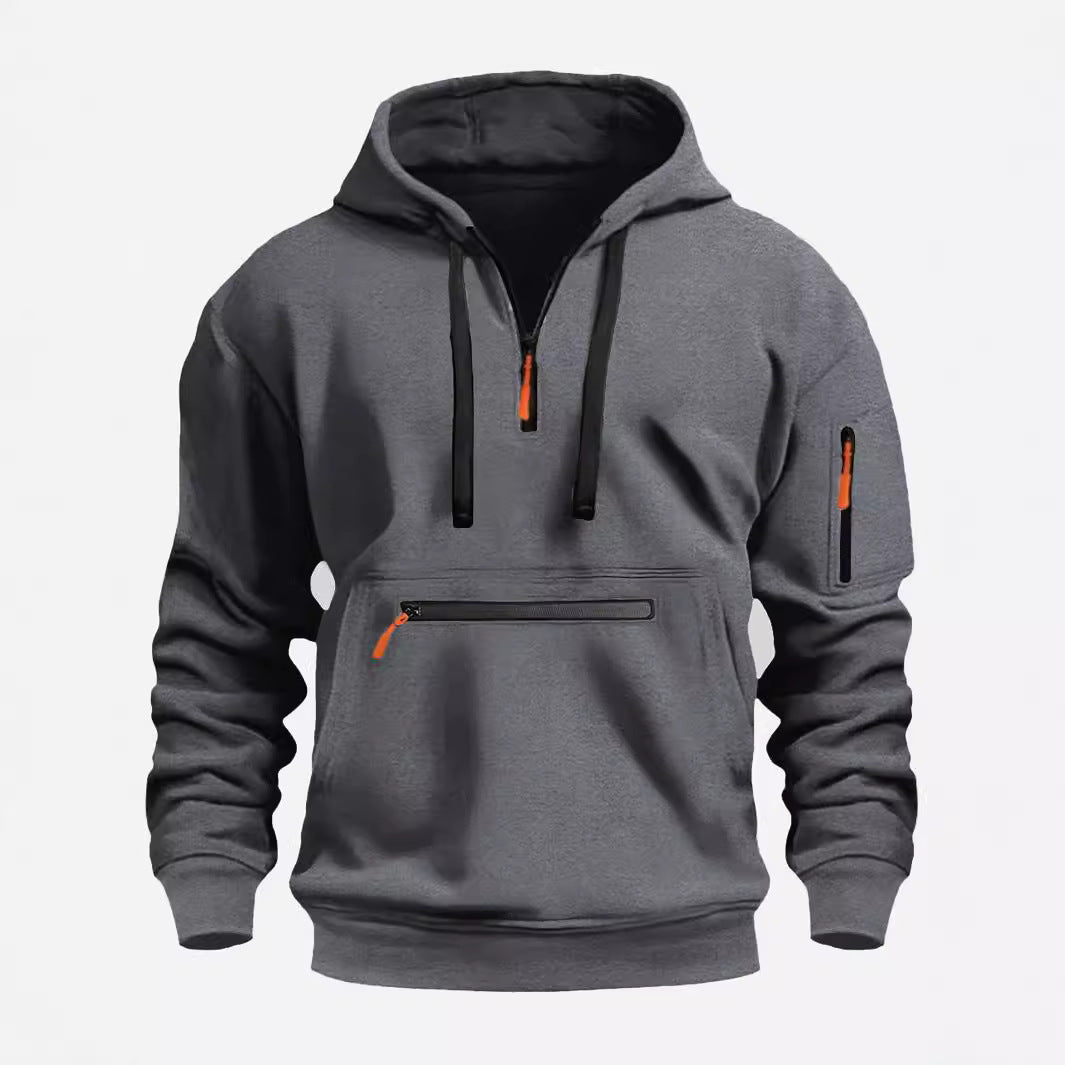 Herren nan technischer Halbzip Kapuzenpullover mit frontaler Reißverschlusstasche und Ärmel-Tasche Drune