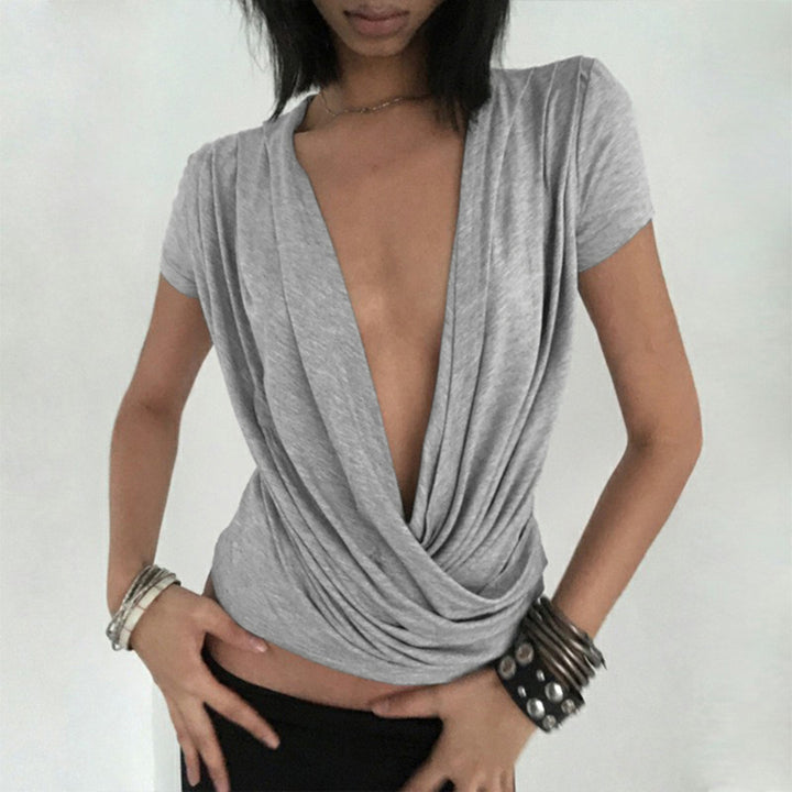 Damen elegantes Wickeloberteil mit tiefem V-Ausschnitt und einzigartiger Drapierung Drune