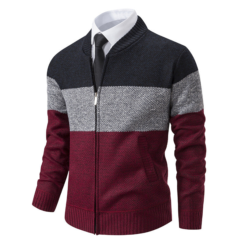 Herren Strukturierte Blockstreifen‑Strickjacke mit Frontzip, Stehkragen und Eingrifftaschen Drune