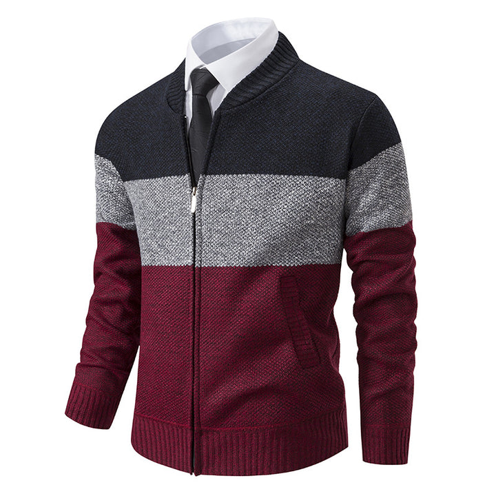Herren Strukturierte Blockstreifen‑Strickjacke mit Frontzip, Stehkragen und Eingrifftaschen Drune