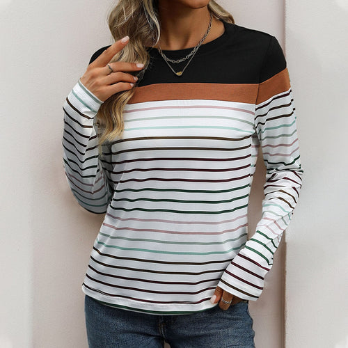 Damen Langärmliges gestreiftes Shirt mit Colorblock‑Schulter und Rundhalsausschnitt Drune