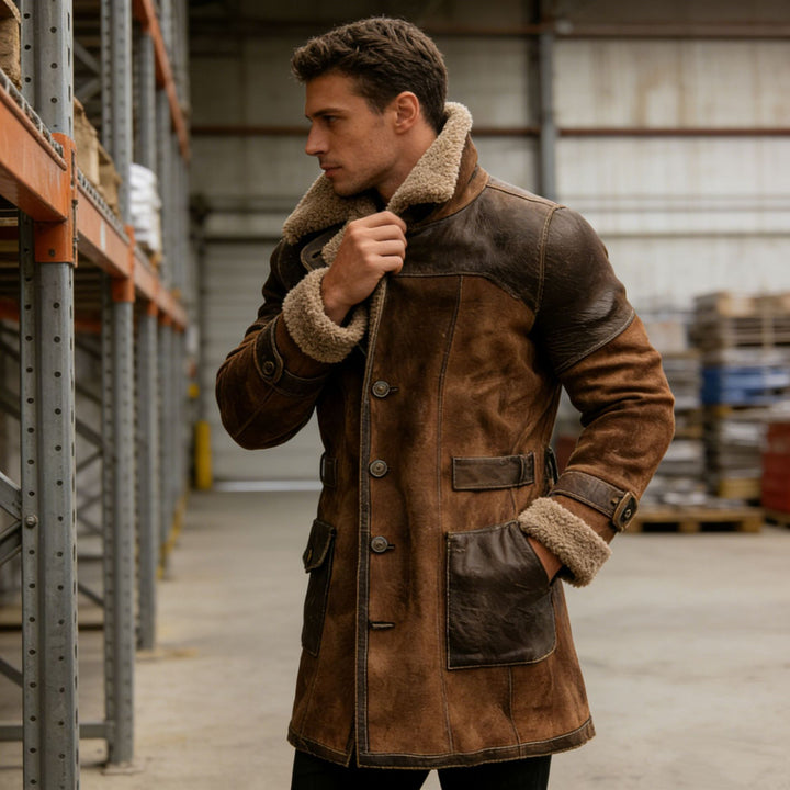 Herren Langer Shearling-Mantel aus Wildleder mit Lederbesatz Drune