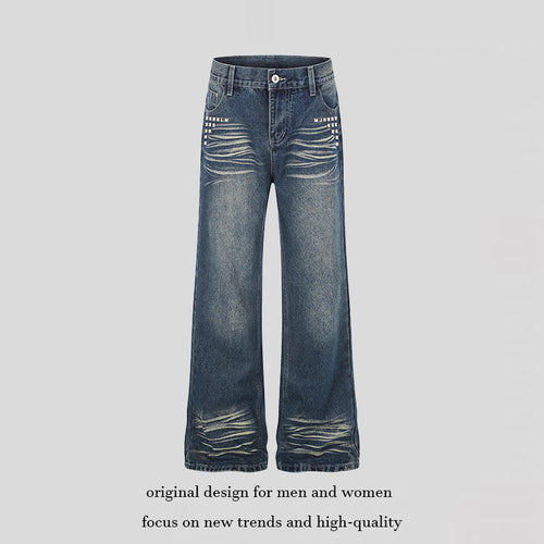Damen Weite High‑Waist Distressed-Jeans im Palazzo-Stil mit Nietenbesatz Drune