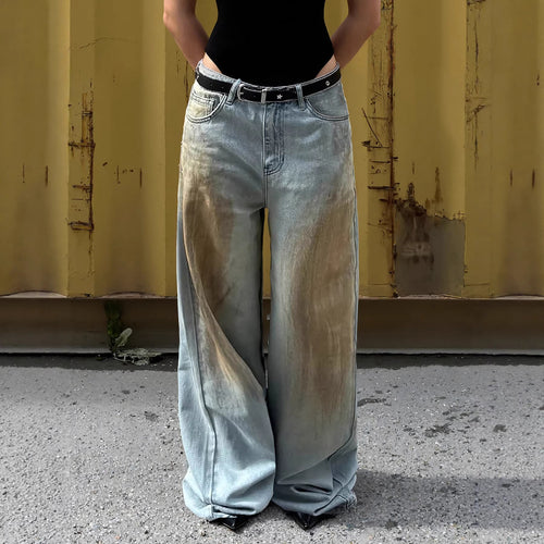 Damen Extraweite Jeanshose mit tiefem Bund, weitem Schlag und Used-Waschung Drune