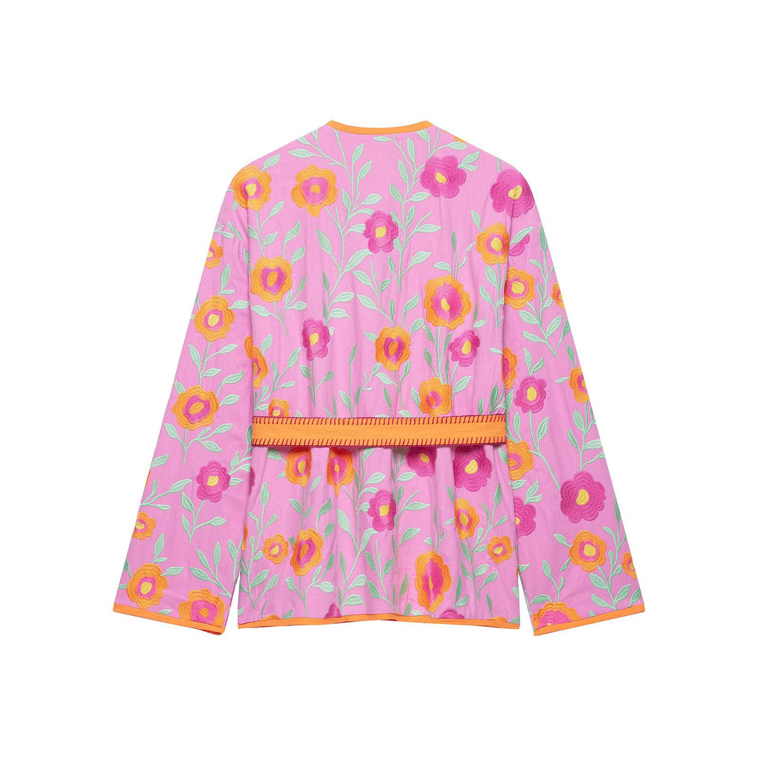 Damen Besticktes Kimono-Blouson mit Taillengürtel und floraler Stickerei Drune