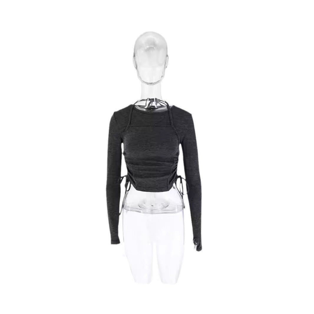 Damen Langarm Crop-Top mit verstellbarem Kordelzug Drune