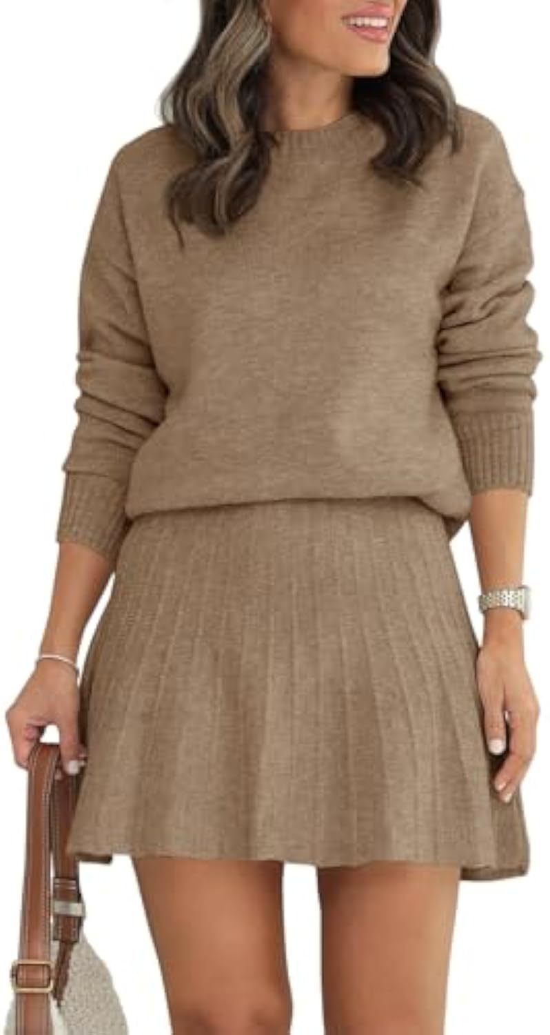 Damen Zweiteiliges Strick-Set mit Rundhals-Pullover und Plissée-Minirock Drune