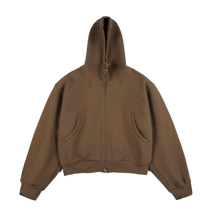 [Unisex] Kurze Boxy-Kapuzenjacke mit durchgehendem Reißverschluss und eingesetzten Eingrifftaschen Drune