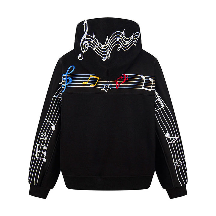 Damen Oversize Kapuzenpullover mit musikalischer Notenstickerei und geripptem Saum Drune