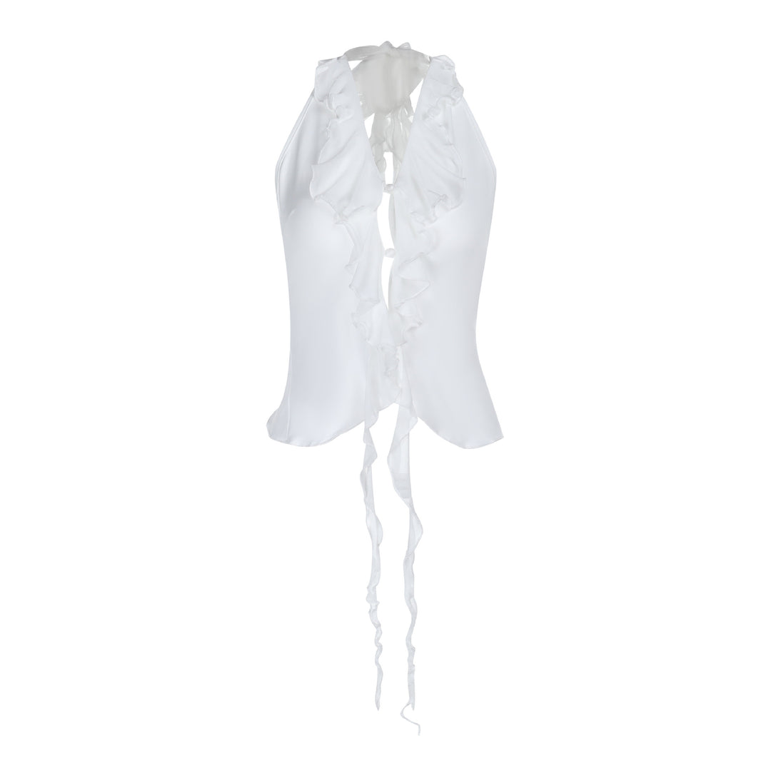 Damen elegantes Rüschenoberteil mit tiefem V-Ausschnitt und feinem Satin Drune