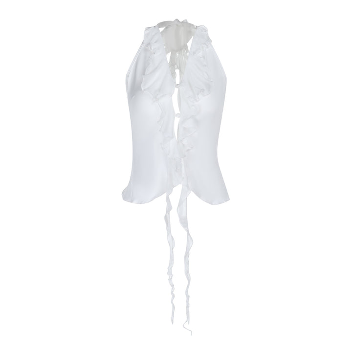 Damen elegantes Rüschenoberteil mit tiefem V-Ausschnitt und feinem Satin Drune