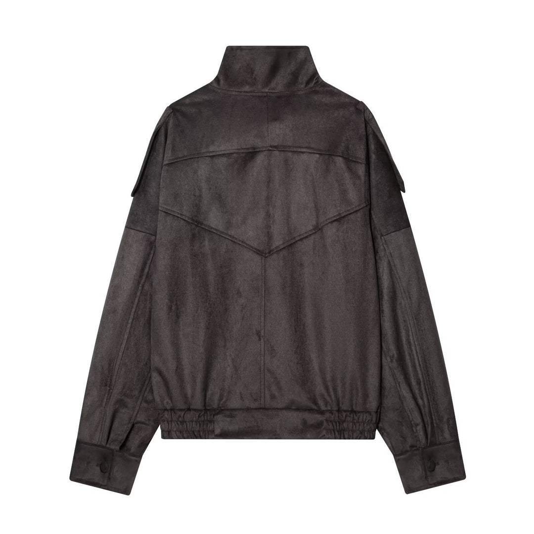 Damen Kurze Velours‑Optik Bomberjacke mit hohem Stehkragen und asymmetrischer Knopfleiste Drune