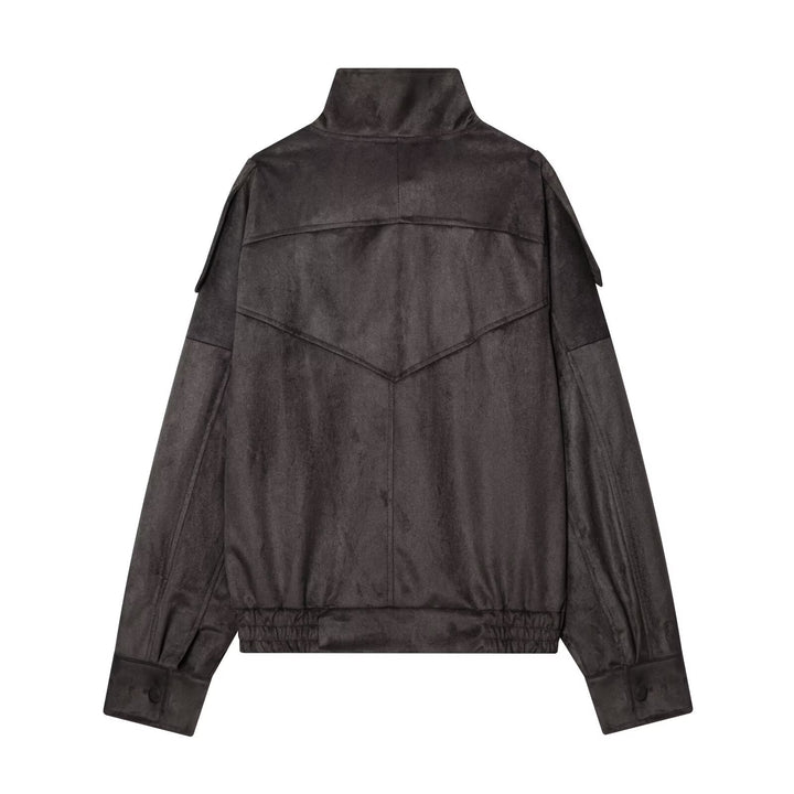 Damen Kurze Velours‑Optik Bomberjacke mit hohem Stehkragen und asymmetrischer Knopfleiste Drune
