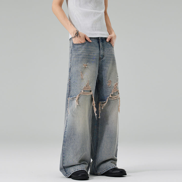 Herren Weite Baggy-Jeans aus Denim mit ausgefransten Vorderpanelen Drune