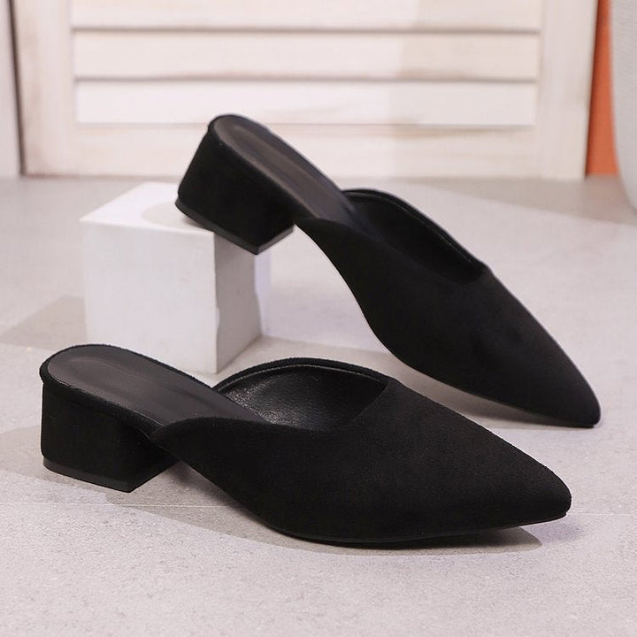 Damen elegante Mules mit spitz zulaufender Spitze und modischem Blockabsatz Drune