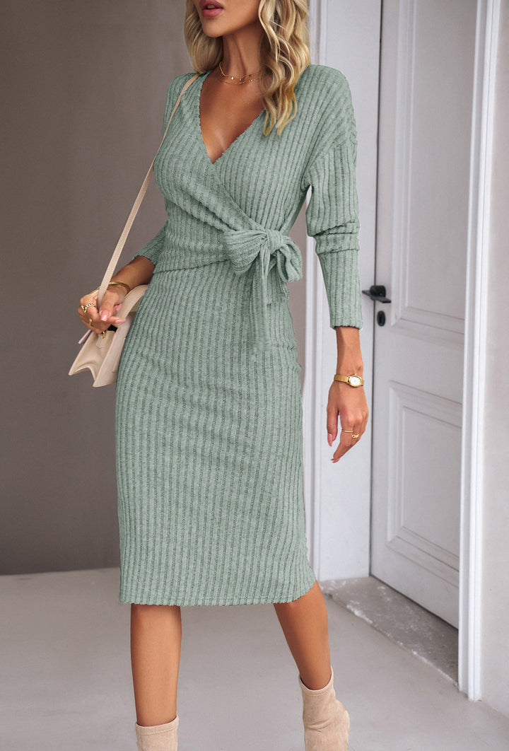 Damen Rippstrick-Wickelmidikleid mit Taillenschleife Drune