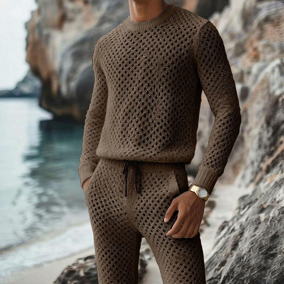 Herren Strukturstrick-Pullover mit feinmaschigem Lochmuster und Rundhals Drune