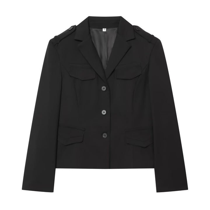 Damen Cropped Military-inspirierter Kurzblazer mit Schulterpatten und Pattentaschen Drune