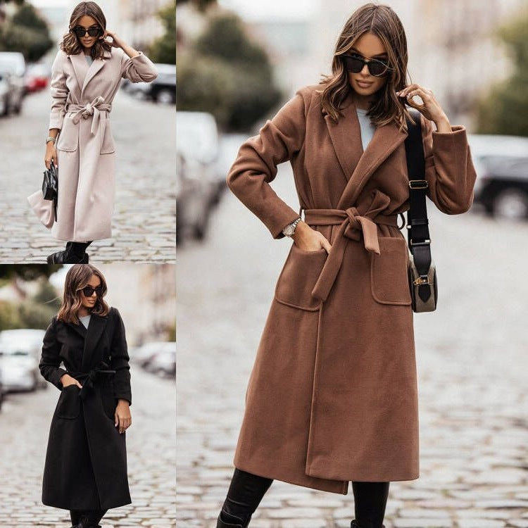 Damen Eleganter Wickel-Mantel mit praktischen Taschen und taillierbarem Gürtel Drune