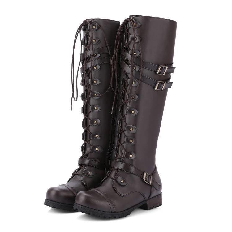 Damen Kniehohe Schnürstiefel mit verstellbaren Zierschnallen und robuster Profilsohle Drune