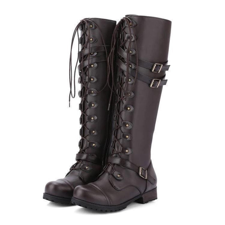 Damen Kniehohe Schnürstiefel mit verstellbaren Zierschnallen und robuster Profilsohle Drune