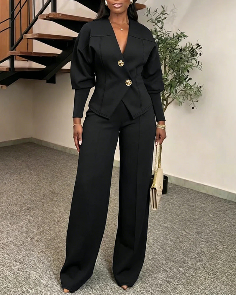 Damen Zweiteiliges tailliertes Blazer‑Hosen‑Set mit goldenen Zierknöpfen und weitem Palazzo-Bein Drune