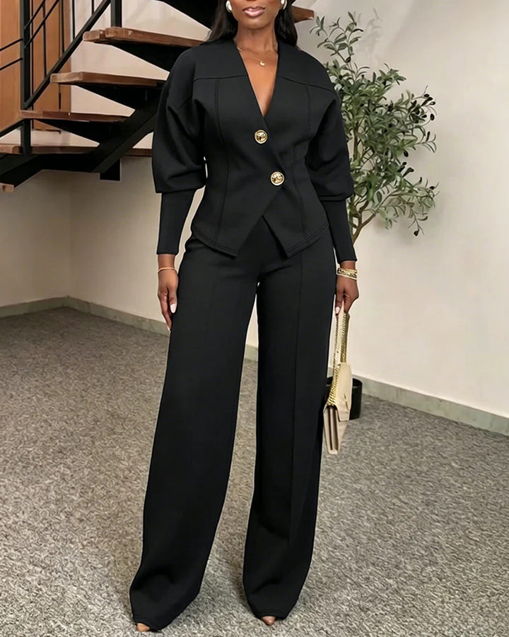 Damen Zweiteiliges tailliertes Blazer‑Hosen‑Set mit goldenen Zierknöpfen und weitem Palazzo-Bein Drune