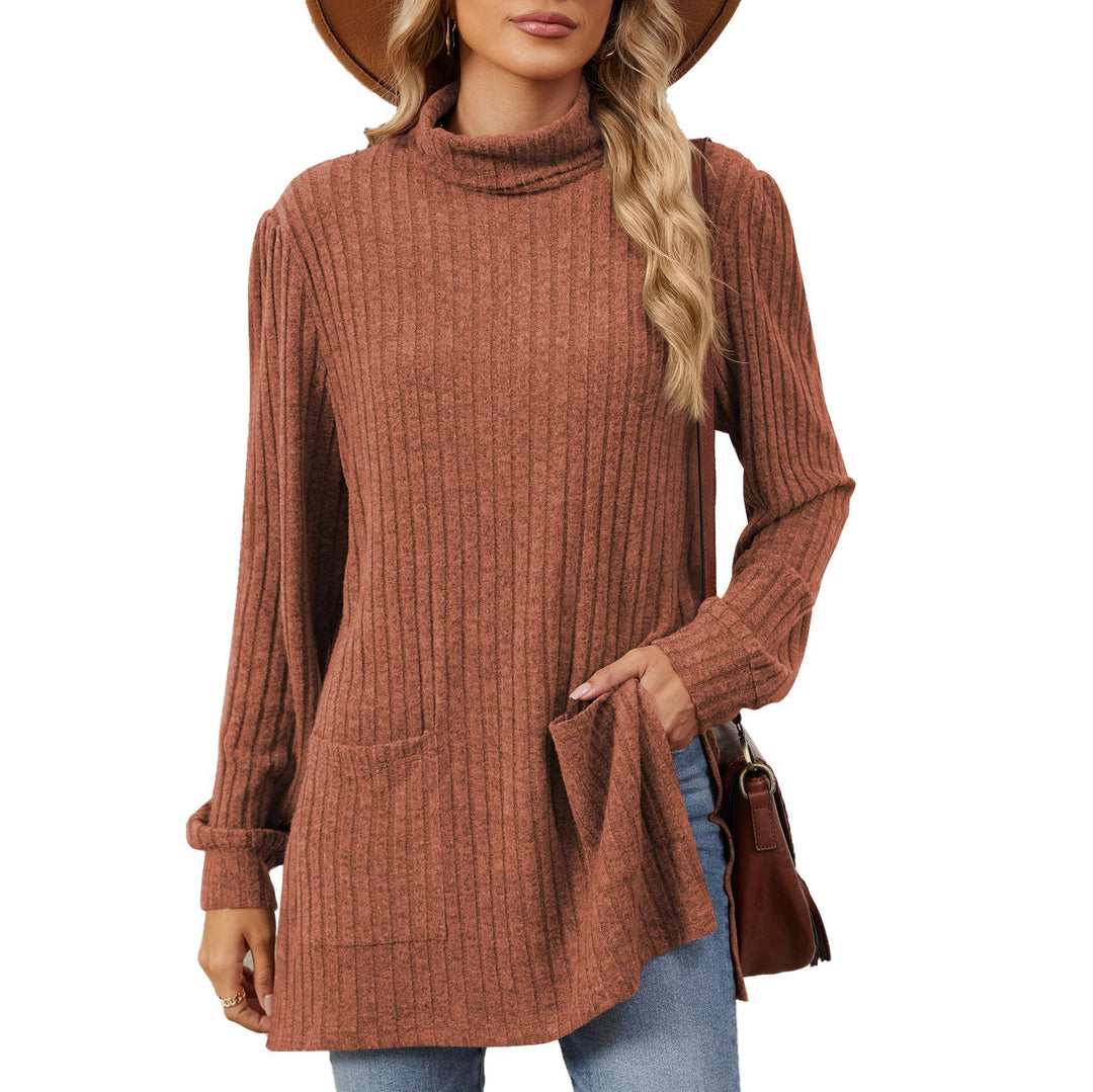 Damen elegantes Oberteil aus strukturierter Strickware mit Stehkragen und Seitentaschen Drune